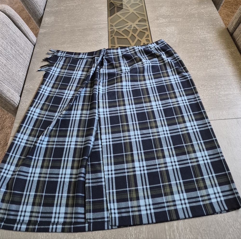 Requirements Black, Light Blue & Olive Plaid Midi Wrap Pencil Skirt - Picture 9 of 12